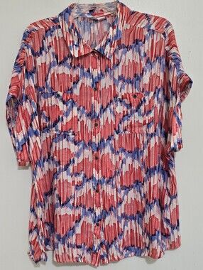 WESTBOUND size 1X America Collection Patriotic Ikat‎ Cap Sleeve Button Front Top